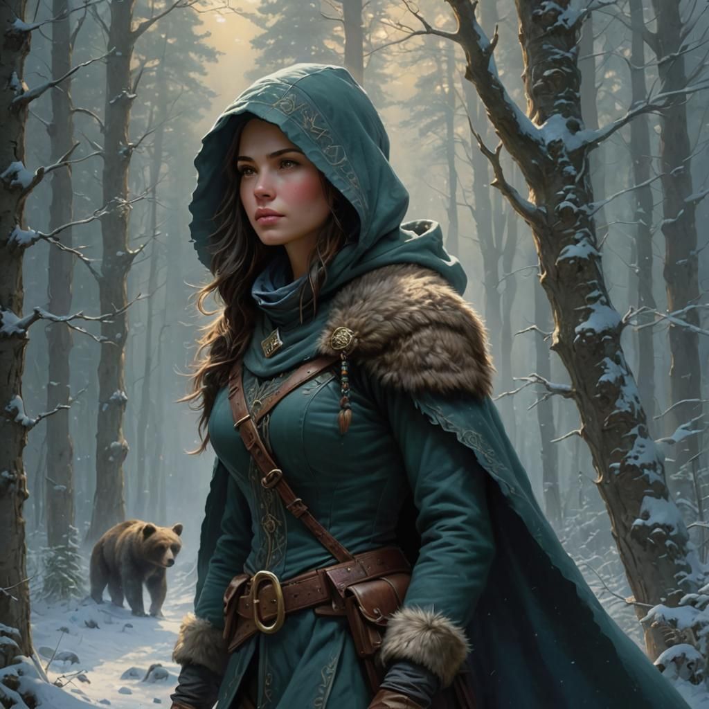 Goliath Ranger and Bear in Winter Forest