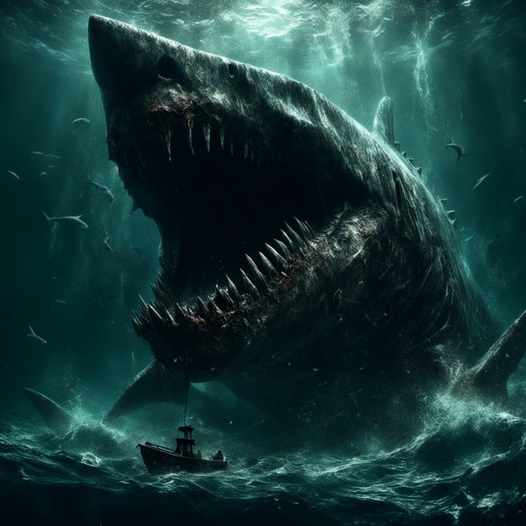 Giant Glowing Megalodon in Dark Ocean Depths
