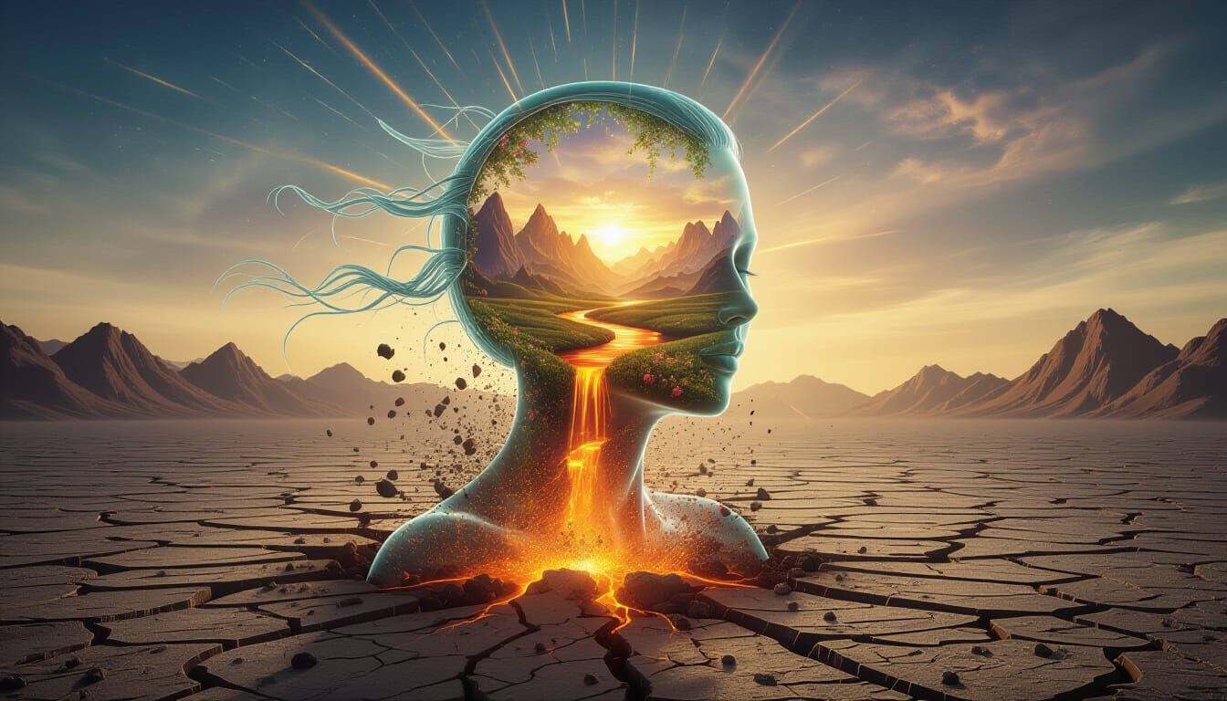 Glass Woman Emerges from Cracked Earth, Impasto Style