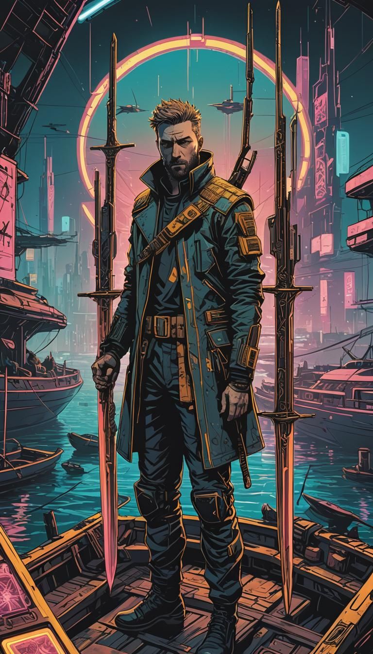 Cyberpunk Six of Swords Tarot Card
