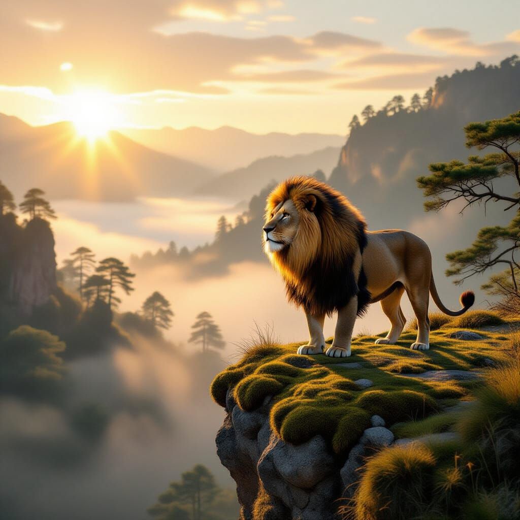 Majestic Lion Overlooking Misty Valley at Dawn