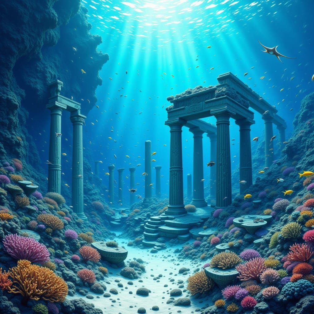 Sunken Greek Temple Ruin Underwater Scene