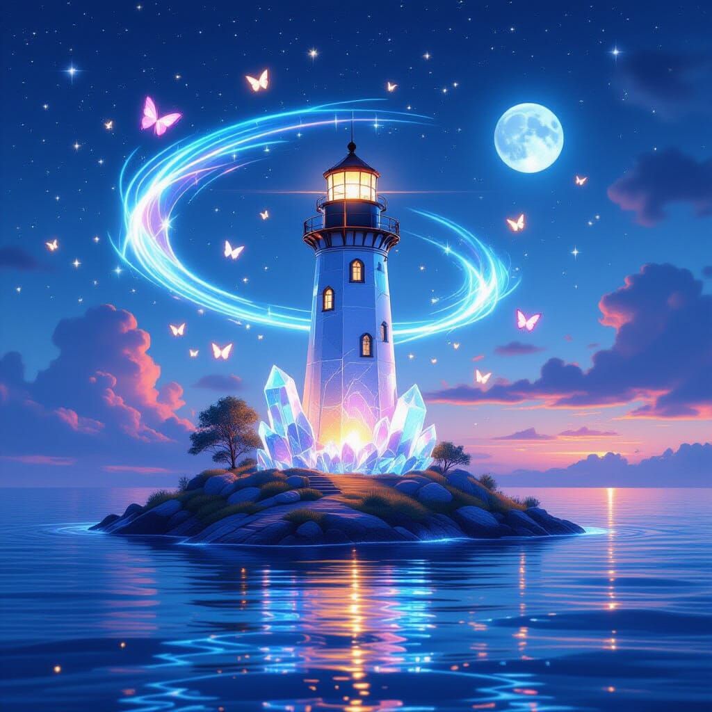 Crystal Lighthouse on Floating Island at Twilight