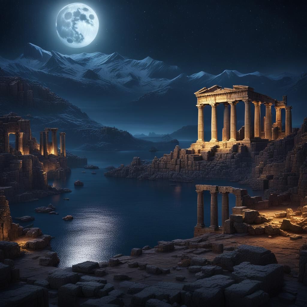 Moonlit Greek Ruins and Lake Matte Painting