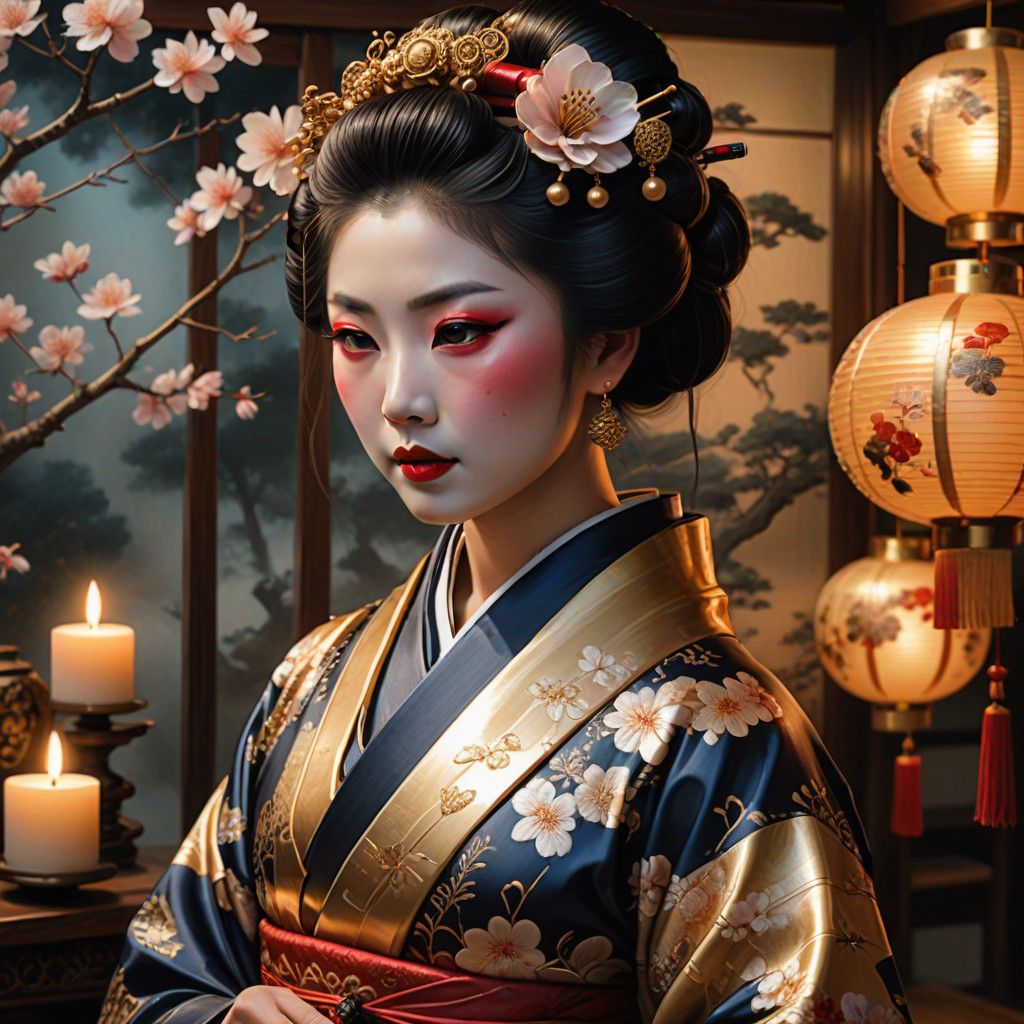Majestic Geisha in Traditional Regalia, Illuminated by Golde...