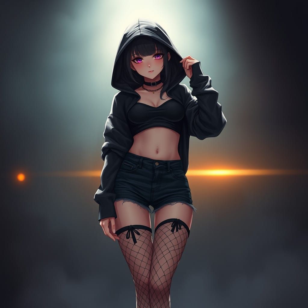 Emo Goth Anime Girl in Dark Fantasy Landscape