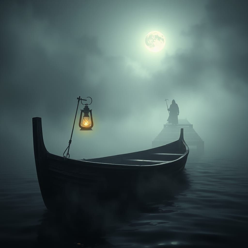 Wooden boat in a haunted lake at night