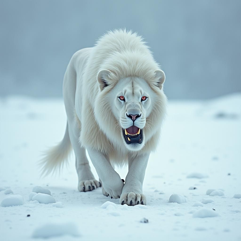 White Lion Striding Across Frozen Desert