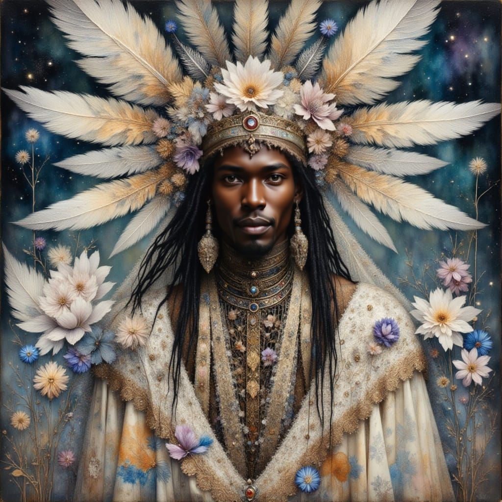 Gothic Watercolor of Man in Feathers and Lace