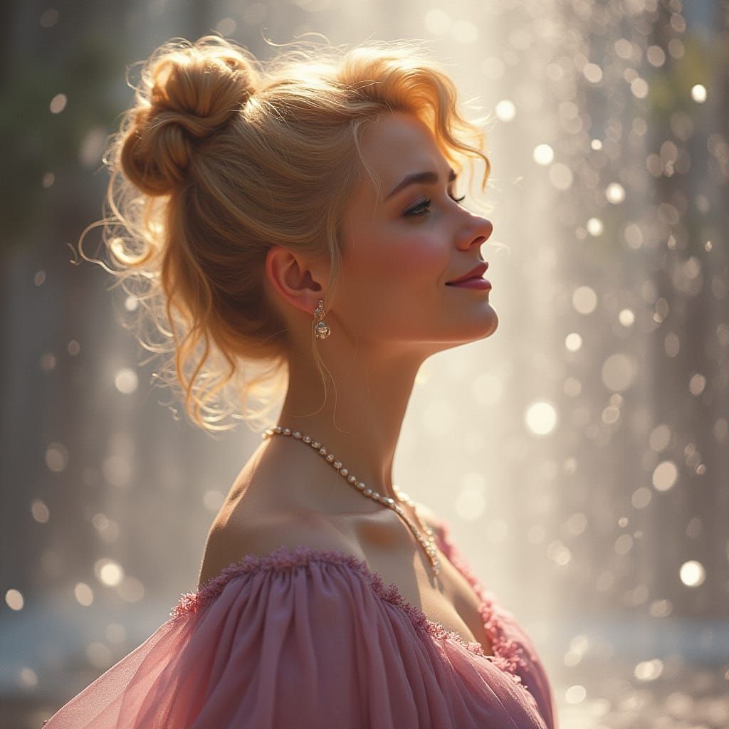 Woman Admiring Waterfall in Art Nouveau Style