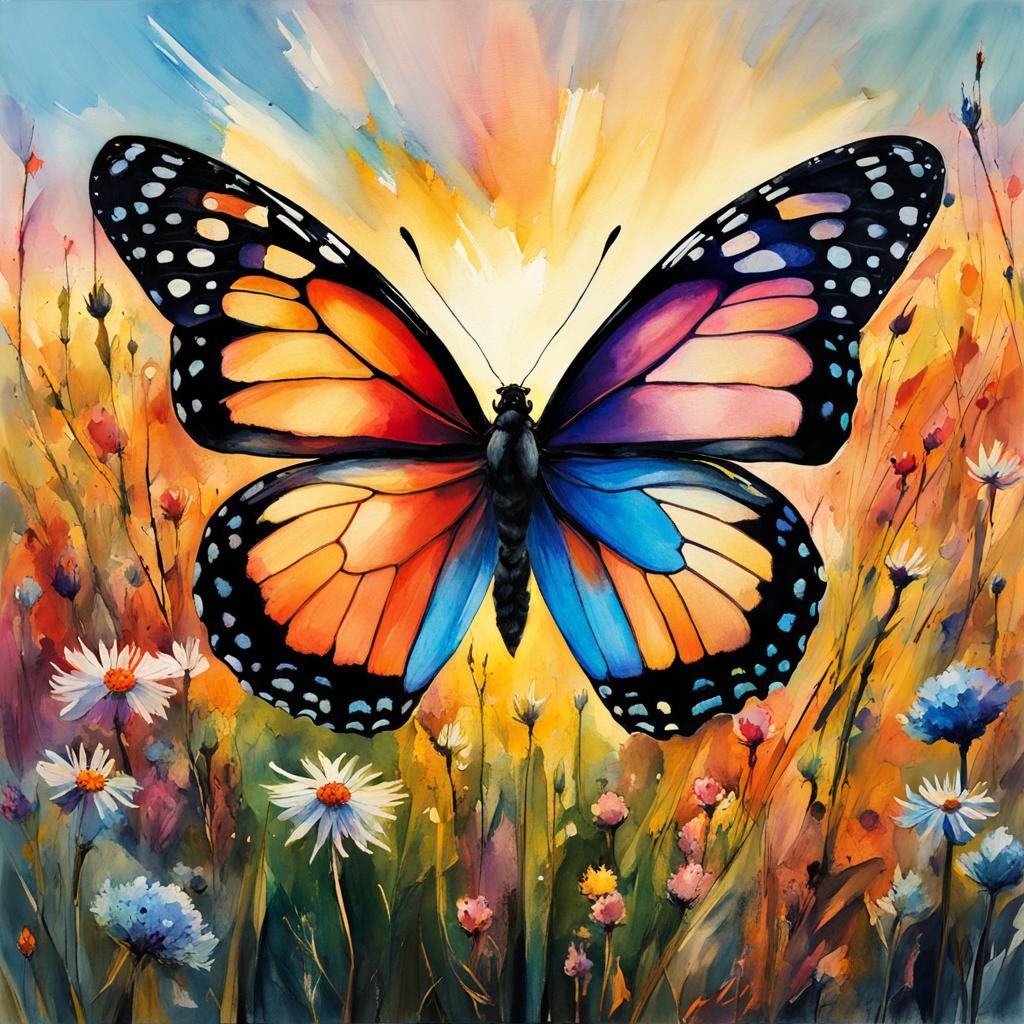 Butterfly and Wildflower Field in Watercolor Style