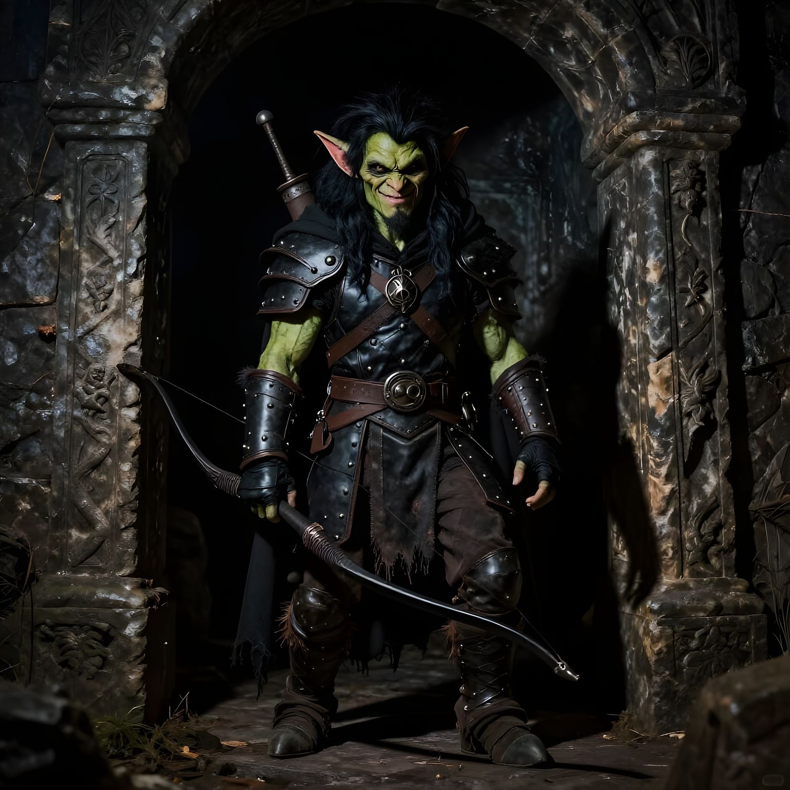 DnD Goblin Ranger in Dimly Lit Dungeon