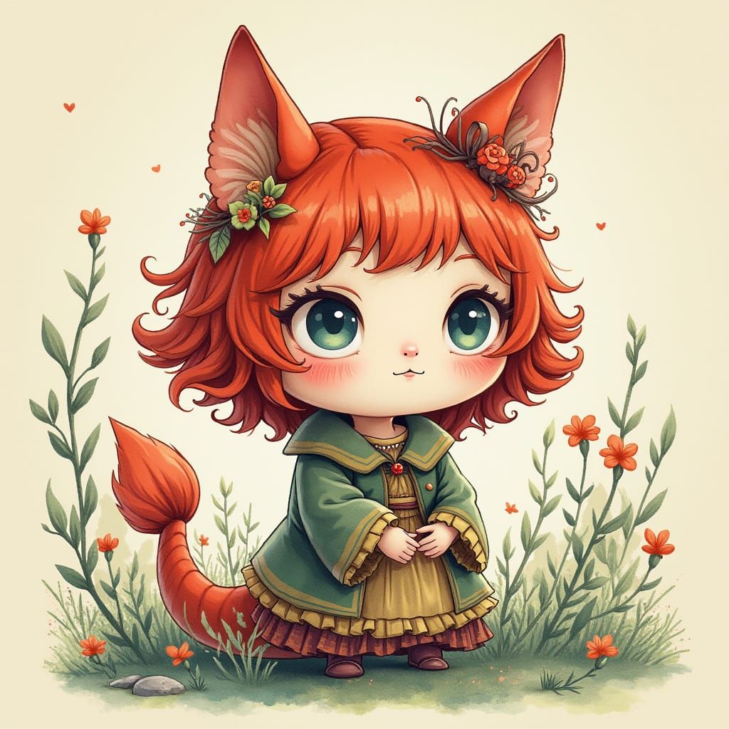 Vintage Watercolor Illustration of Yoshie in Eerie Storybook...