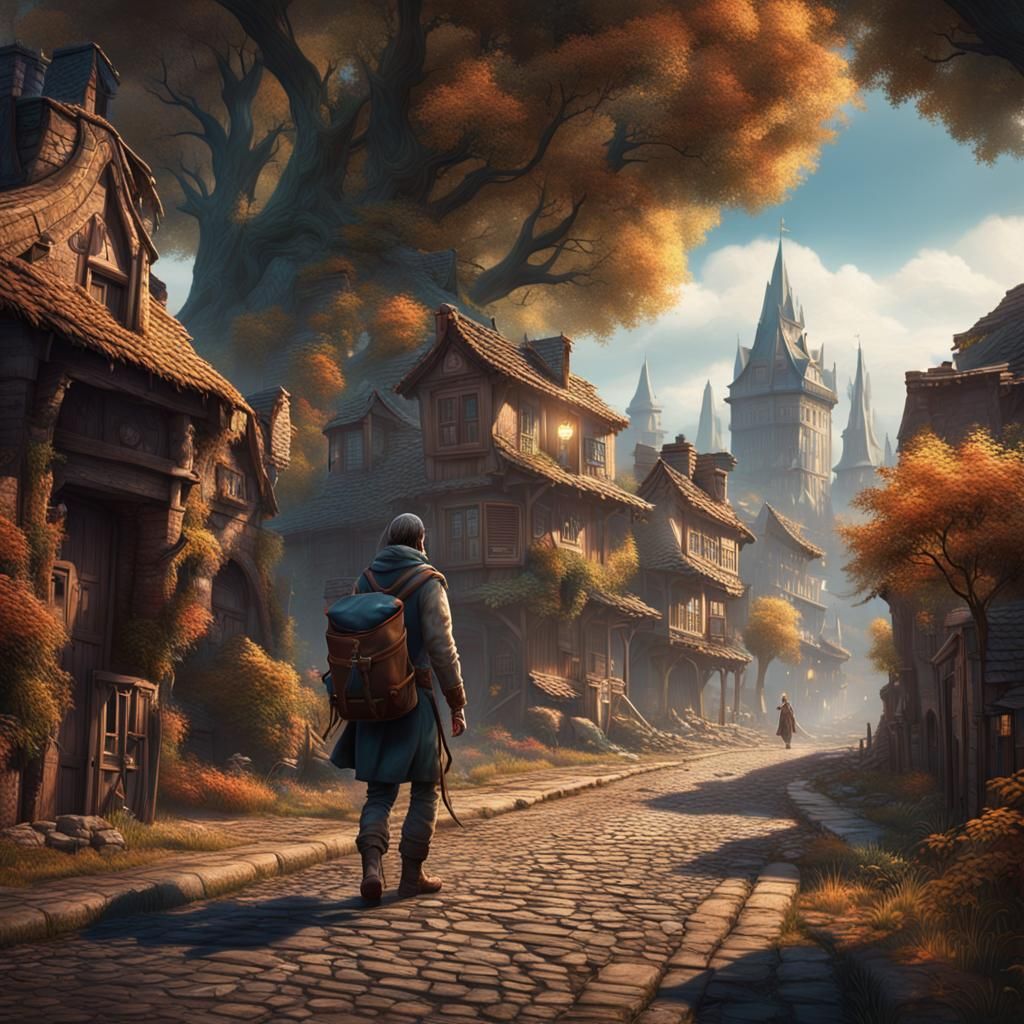 Sad Traveler Crossing Border with City: Matte Painting
