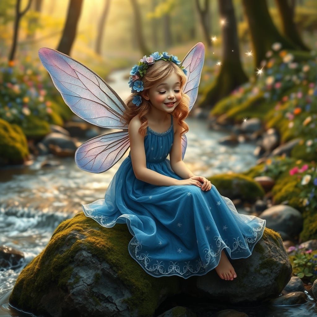 Whimsical Bluebell Fairy Sits by a Sparkling Stream