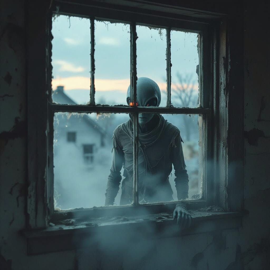 Eerie Alien Spying Through Window in VHS Style