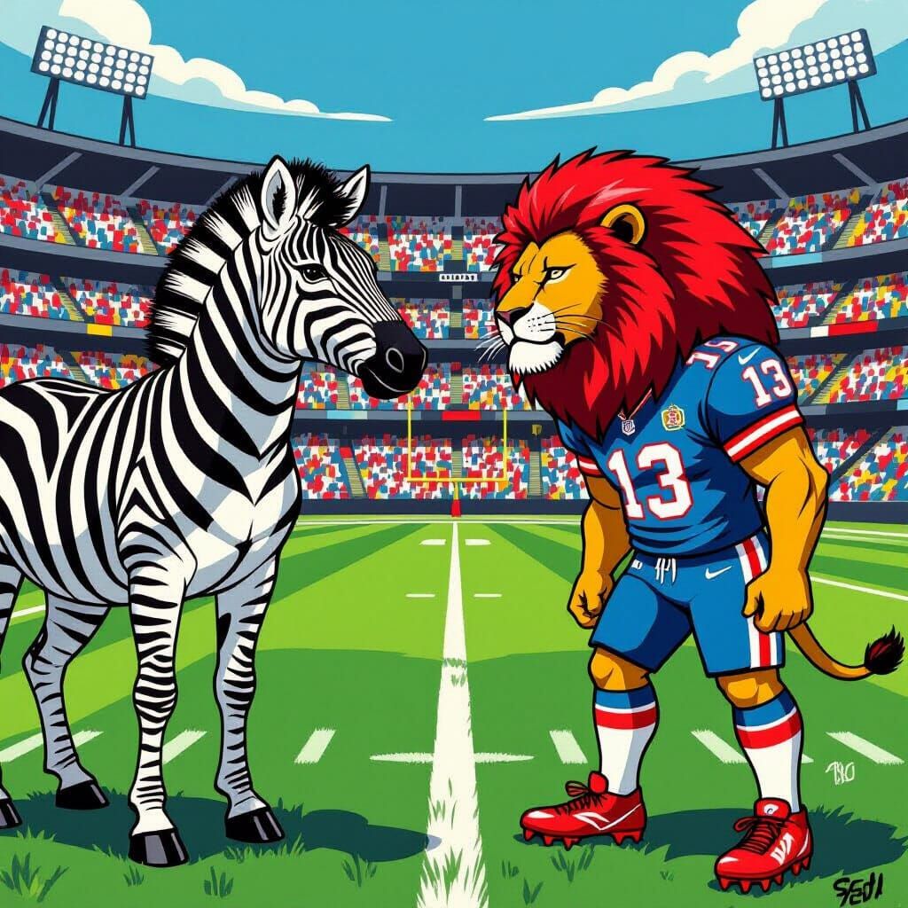 Zebras and Lions Face Off in Vibrant Sports Stadium