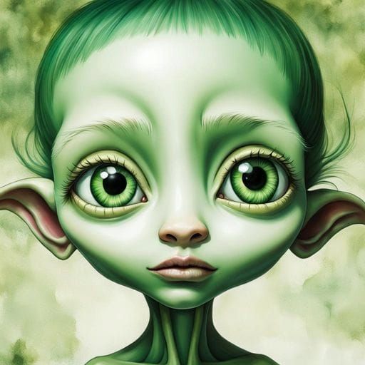 Green Alien Hand in Pop Surrealist Watercolor