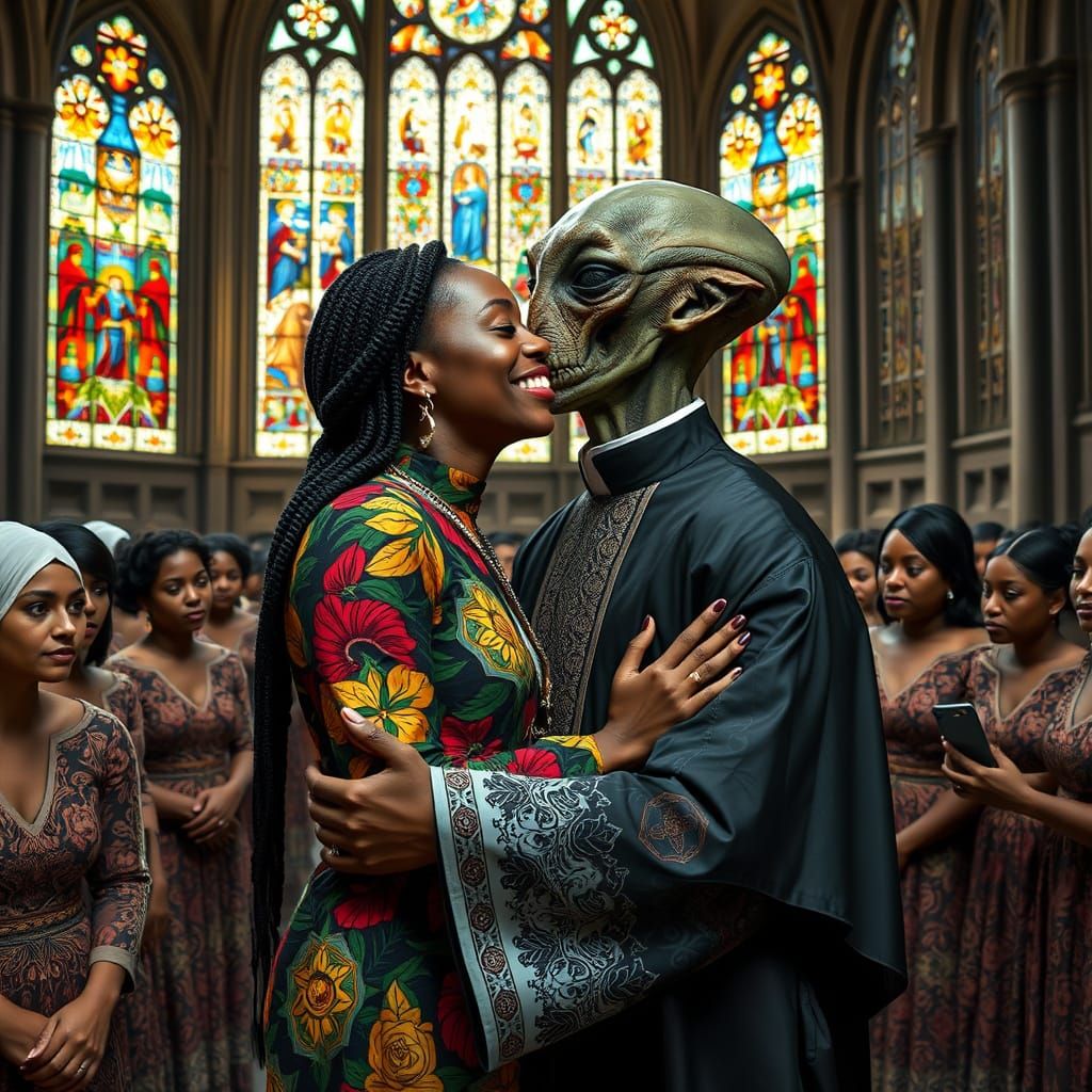 Woman Kisses Alien in Gothic Church, Earle Style