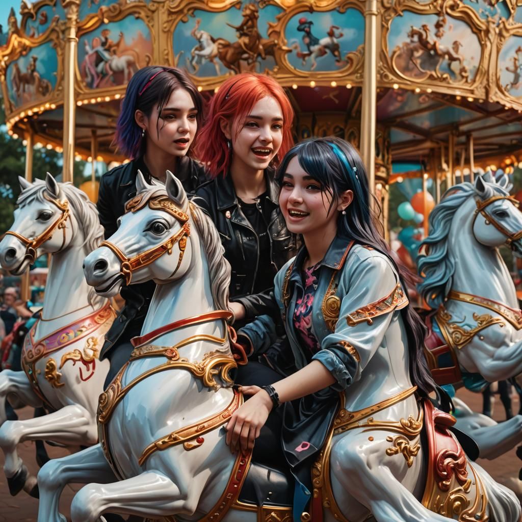 Emo teen girls on merry go round