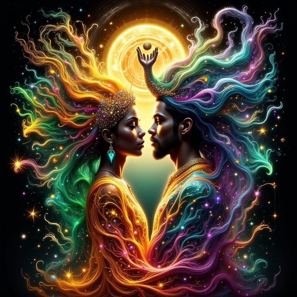Rastafarian Woman and Viking Man in Cosmic Nirvana