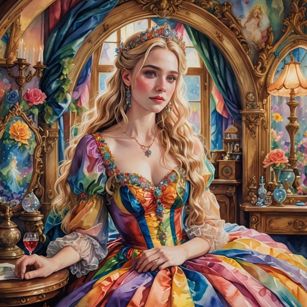 Rainbow Princess Portrait in Arthur Rackham Watercolor Style