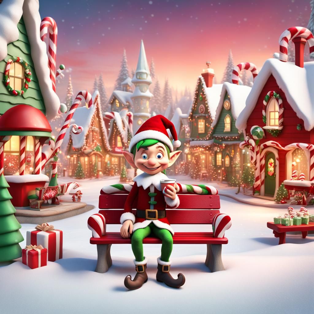 Disney Pixar style 3D adorable elf, wearing maroon red and green outfit, Santa’s hat, drinking hot cocoa sitting on a re...