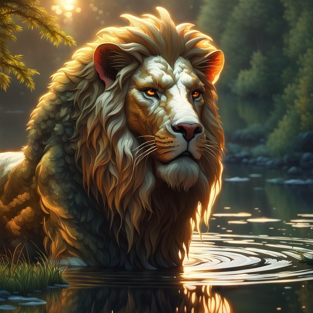 Cyber Lion in Primeval Forest at Dawn