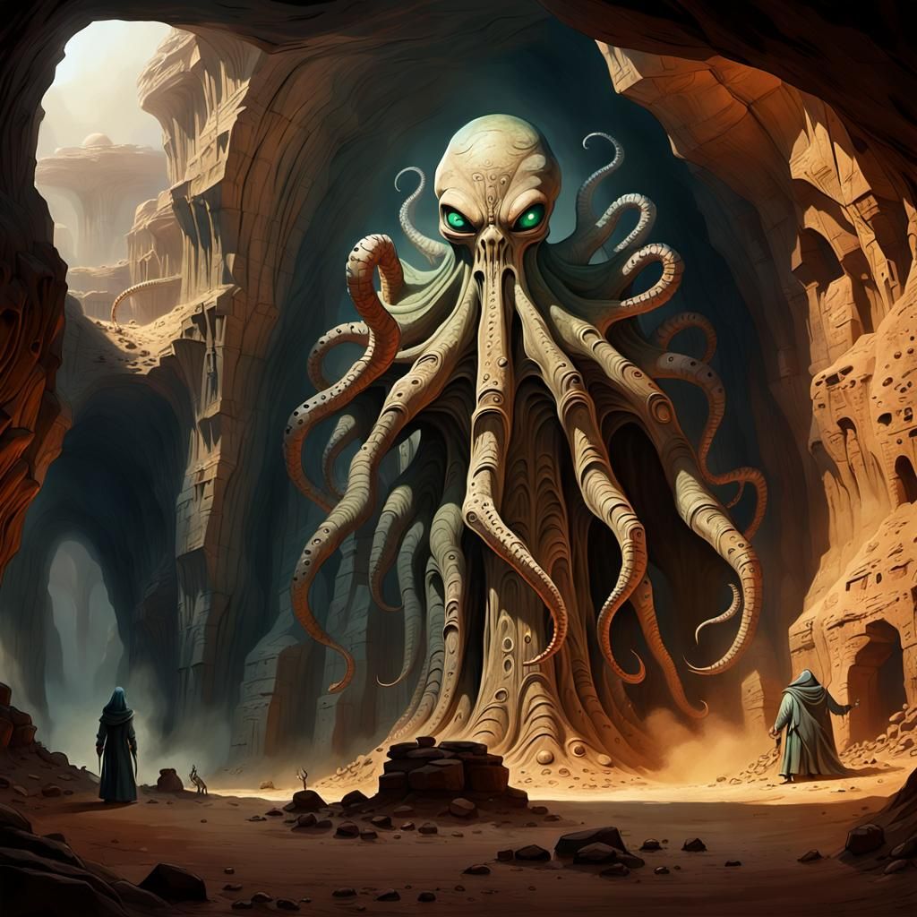 Monumental Alien Statue in Underground Desert Cavern