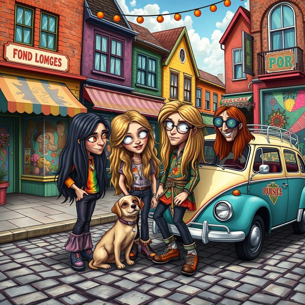 Whimsical Friends Gather in Colorful Town Square