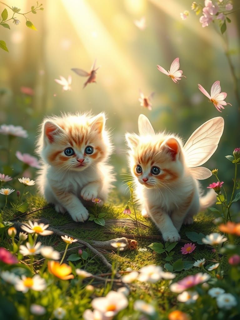 Whimsical Spring Woodland Scene with Kittens and Fairies