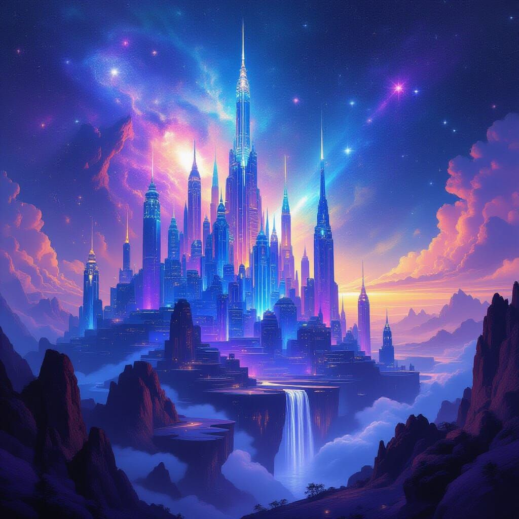 Cosmic Fantasy Cityscape in Surreal Style