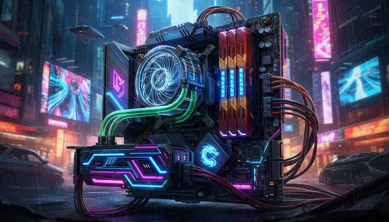 Cyberpunk PC Motherboard with Neon Accents in Hyperrealistic...