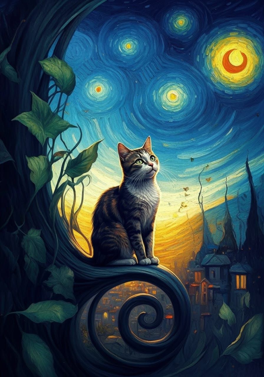 Gato Silhouette in Whirling Starry Night Sky