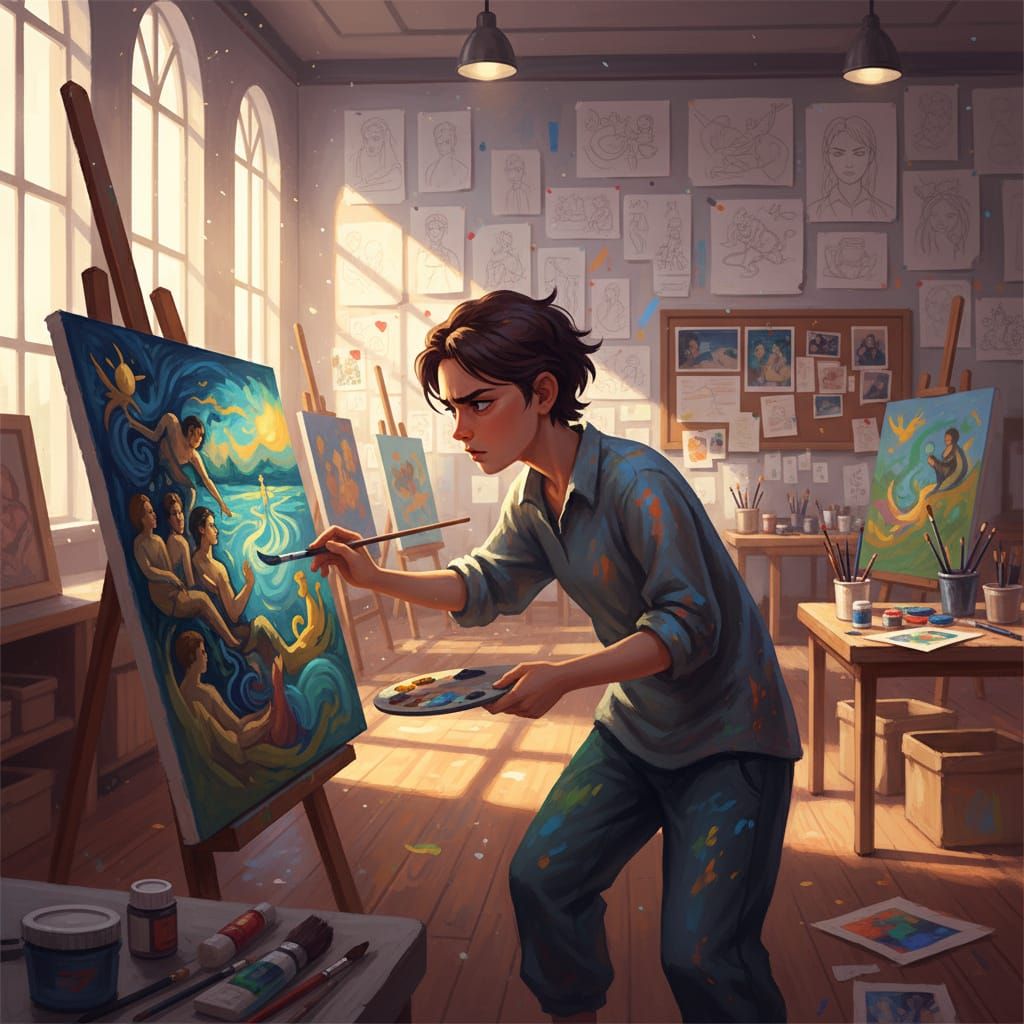 Young Artist Focused in Bright Studio, Digital Painting
