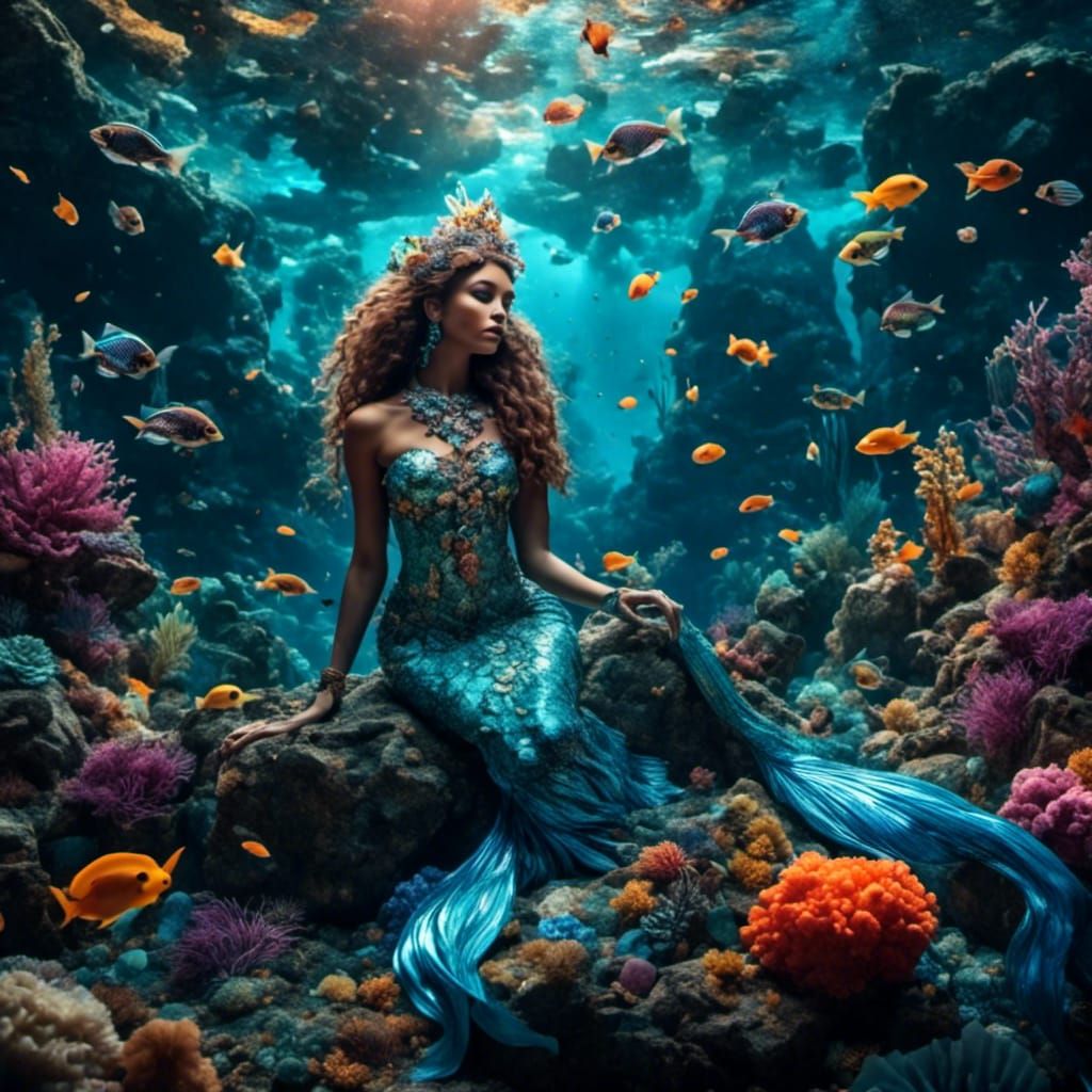 Goddess Mermaid with Jewel Fins and Coral Reef