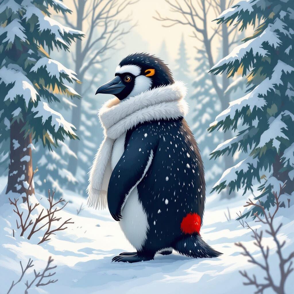 Baboon-Penguin Hybrid in Winter Forest, Painterly Style