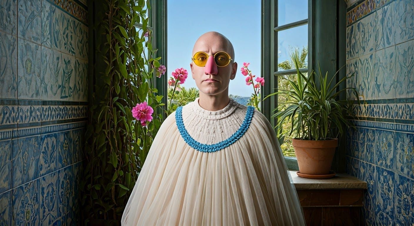 Elderly Man with Pink Hair in 70s Style Bathroom