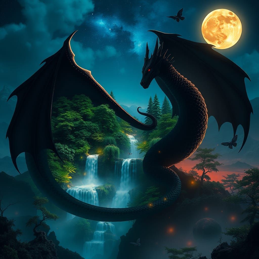 Mystical Dragon Silhouette Reveals Emerald Forest Realm