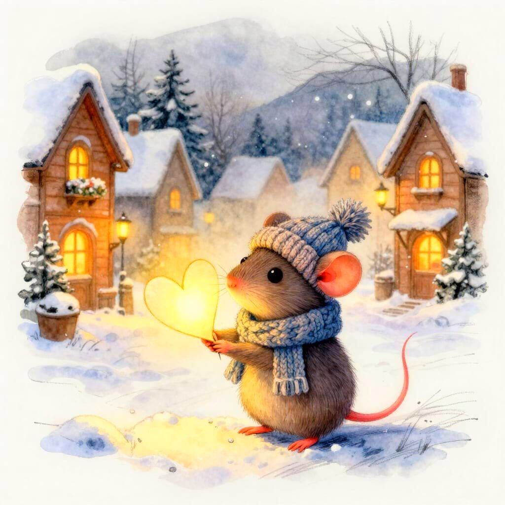 Cozy Mouse with Glowing Heart in Snowy Village