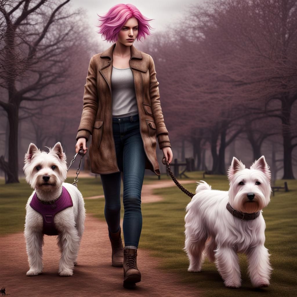 Women Walking Dogs in Park: Hyperrealistic Art