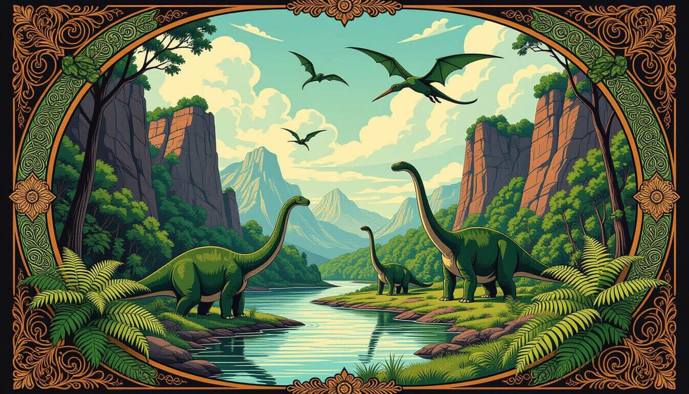 Brachiosaurus Dinosaurs in Art Nouveau Forest