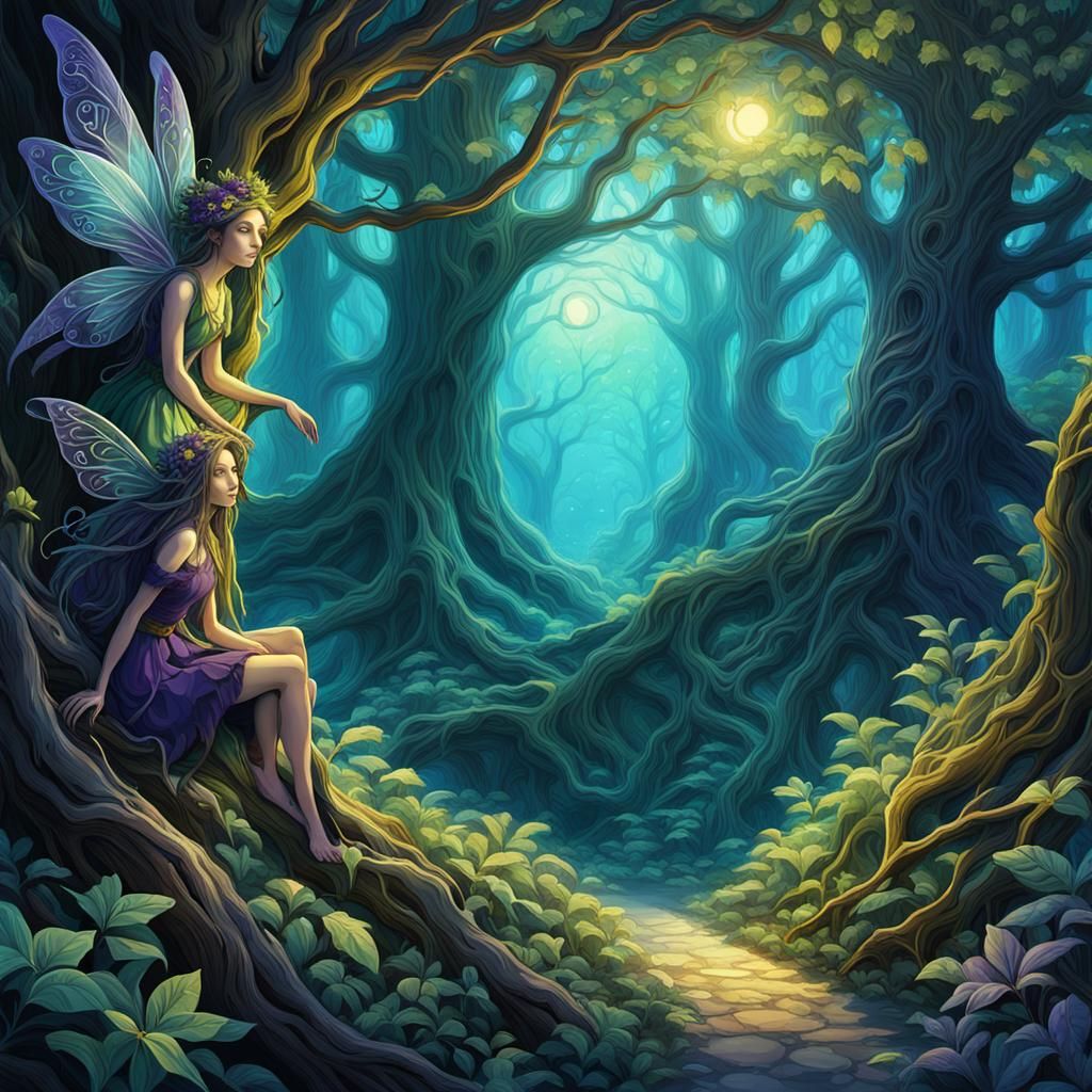 Mischievous Fairy in Enchanted Forest, Fantasy Art