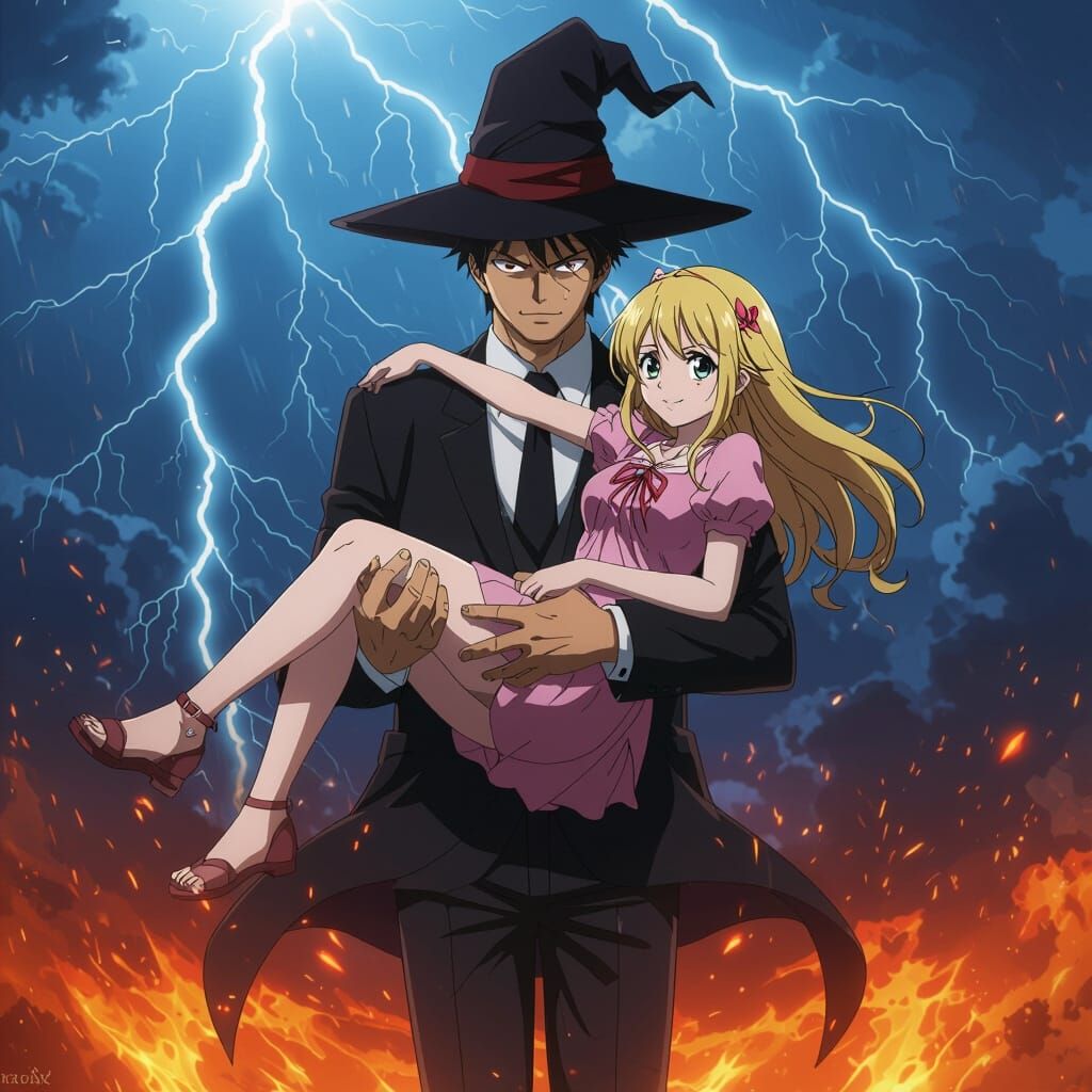 Fiery Protector Amidst Stormy Skies: Anime Illustration