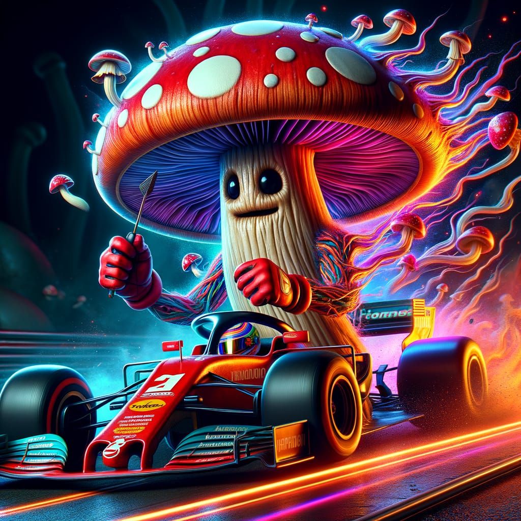 Anthropomorphic Mushroom Races in Formula One Car