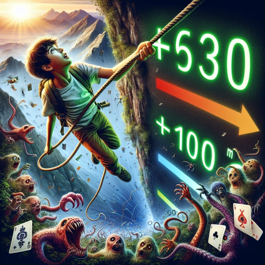 Boy's Perilous Mountain Ascent in Hyperrealistic Style