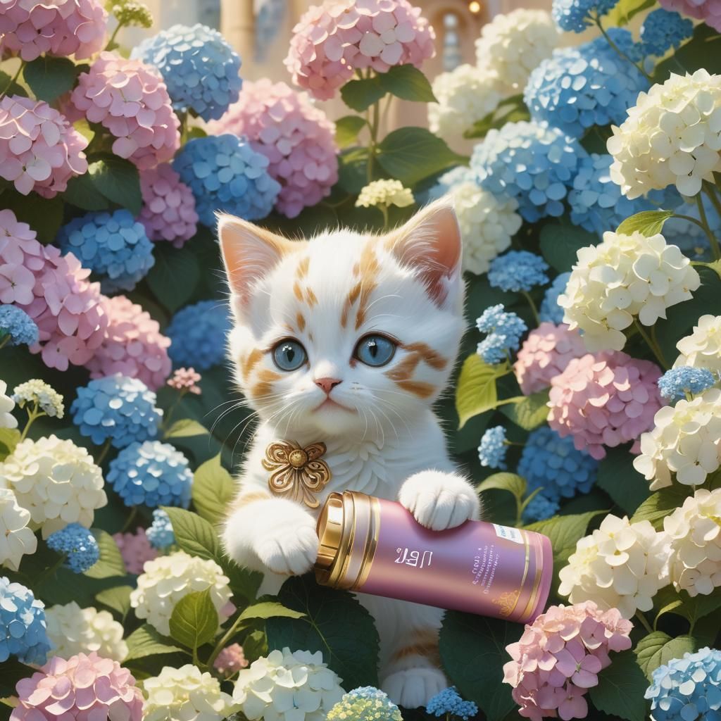 Kitten in Hydrangea Garden Fantasy Concept Art