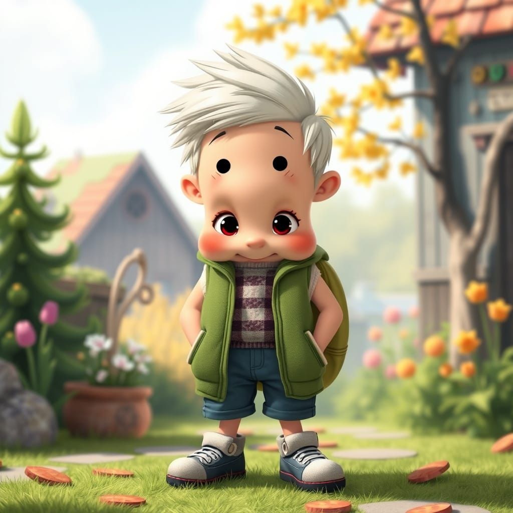 Cartoon Child in Green Vest, Miyazaki-Inspired