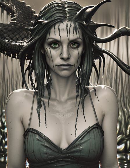 Terrifying Loch Ness Monster Moray Eel in Moody, High-Contra...