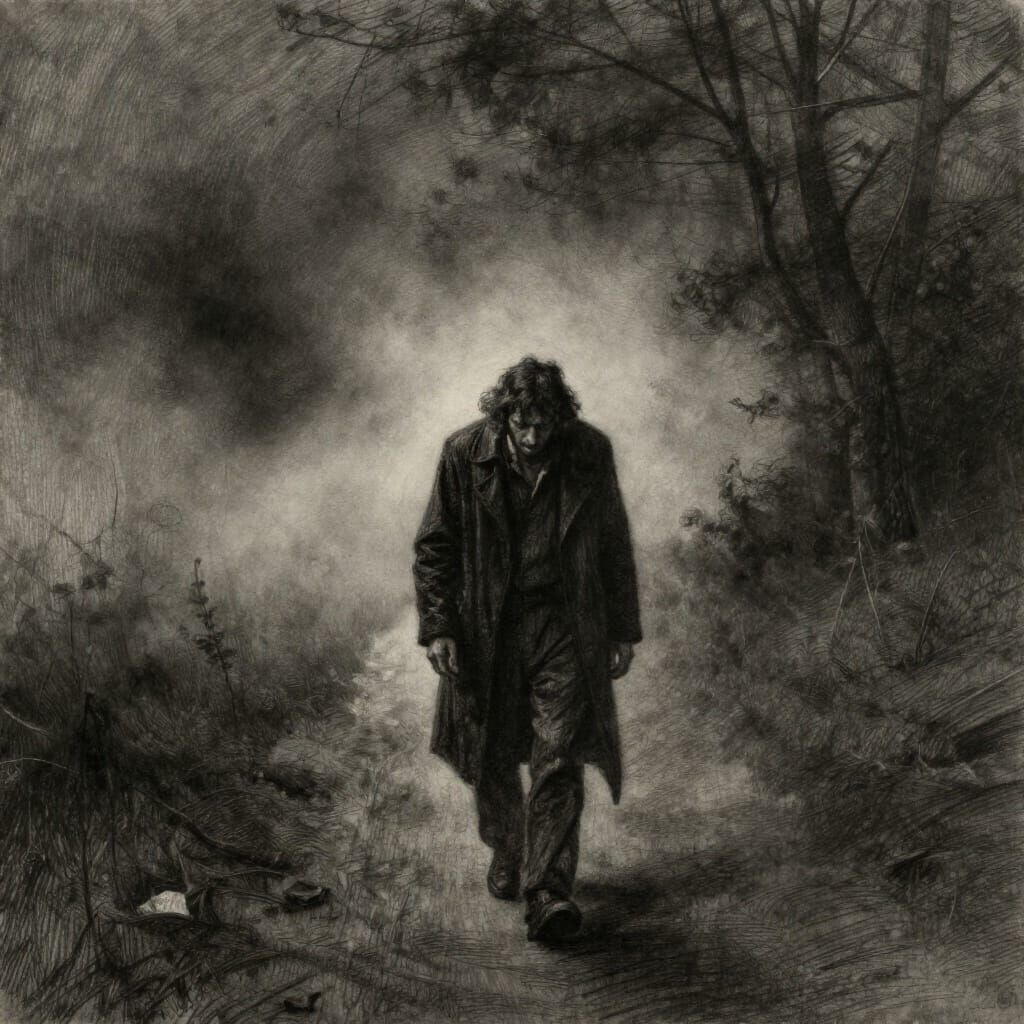 Melancholy Figure in Fog Charcoal Drawing